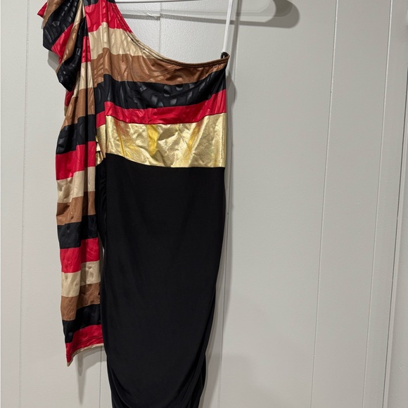 One Shoulder Party Dress Black Multi Metallic Striped Cocktail Evening Outfit L - Picture 1 of 4